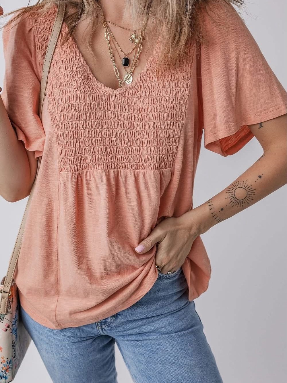 Smocked V-Neck Flutter Sleeve Top in Coral Peach